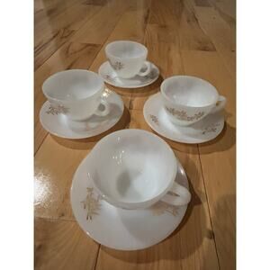 Federal Glass Heat Proof Teacup Coffee 5 Cups/ Saucers Gold Leaf Atomic Vtg  MCM